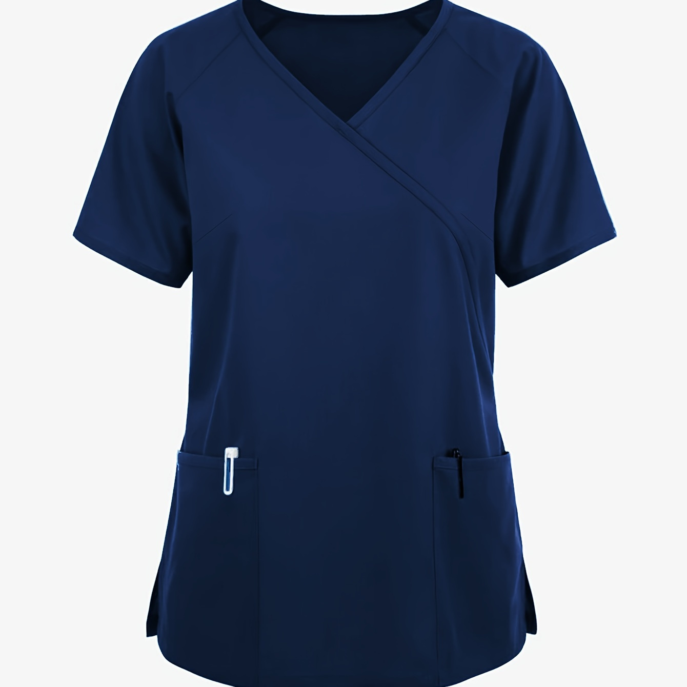 

Plus Size Solid Split Stretchy Dual Pockets V-neck Top, Comfortable & Care Short Sleeve Uniform For Nurse, Women's Plus Size Clothing