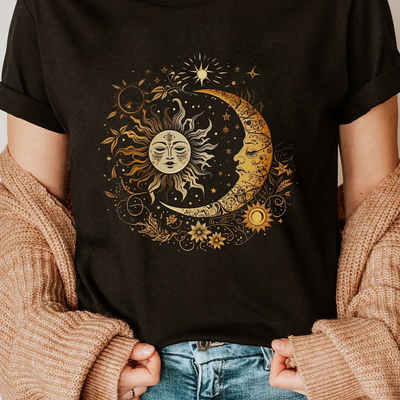 

Sun ＆ Moon Print Crew Neck T-shirt, Casual Short Sleeve T-shirt For Spring & Summer, Women's Clothing