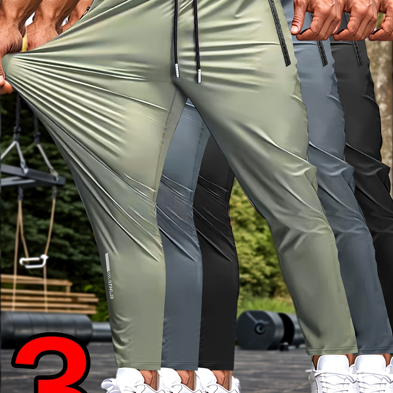 

3pcs Men's High Elasticity Breathable Pants, With Drawstring Waist, Letter Pattern, Zippered Pockets, For Fitness Jogging Cycling - Nylon Knit Fabric, Low Waist, 9/10 Length