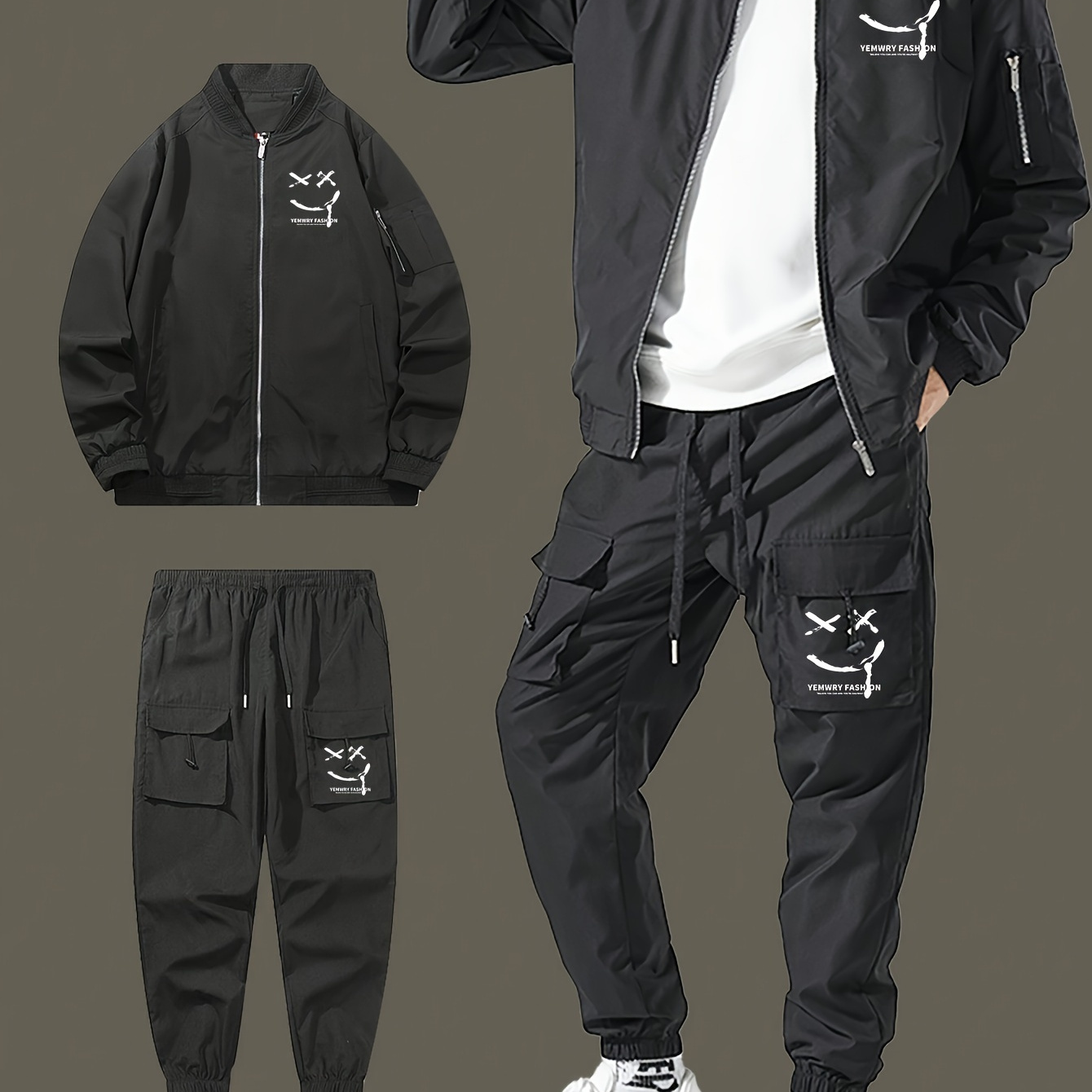 

Men's Casual Jacket & Cargo Pants Set - Polyester, Machine Washable, Baseball Collar, Printed Design For Fall/winter