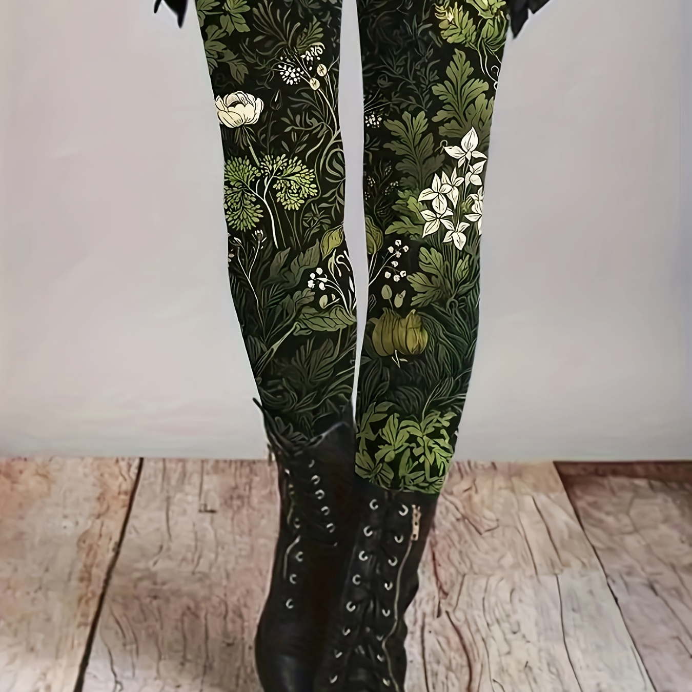 

Women's Plus Size Floral Print Tights, High-waisted Stretchy Leggings, , Polyester, Long Length, , For Casual