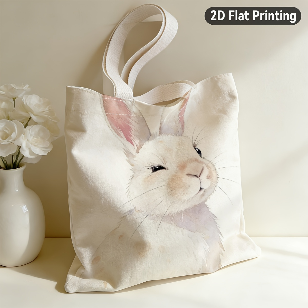 TEMU Bolso tote duradero de 2D , 1 pieza, estilo acuarela, con diseño de conejito adorable, duplex, conejito adorables con ojo guiñando, ideal para