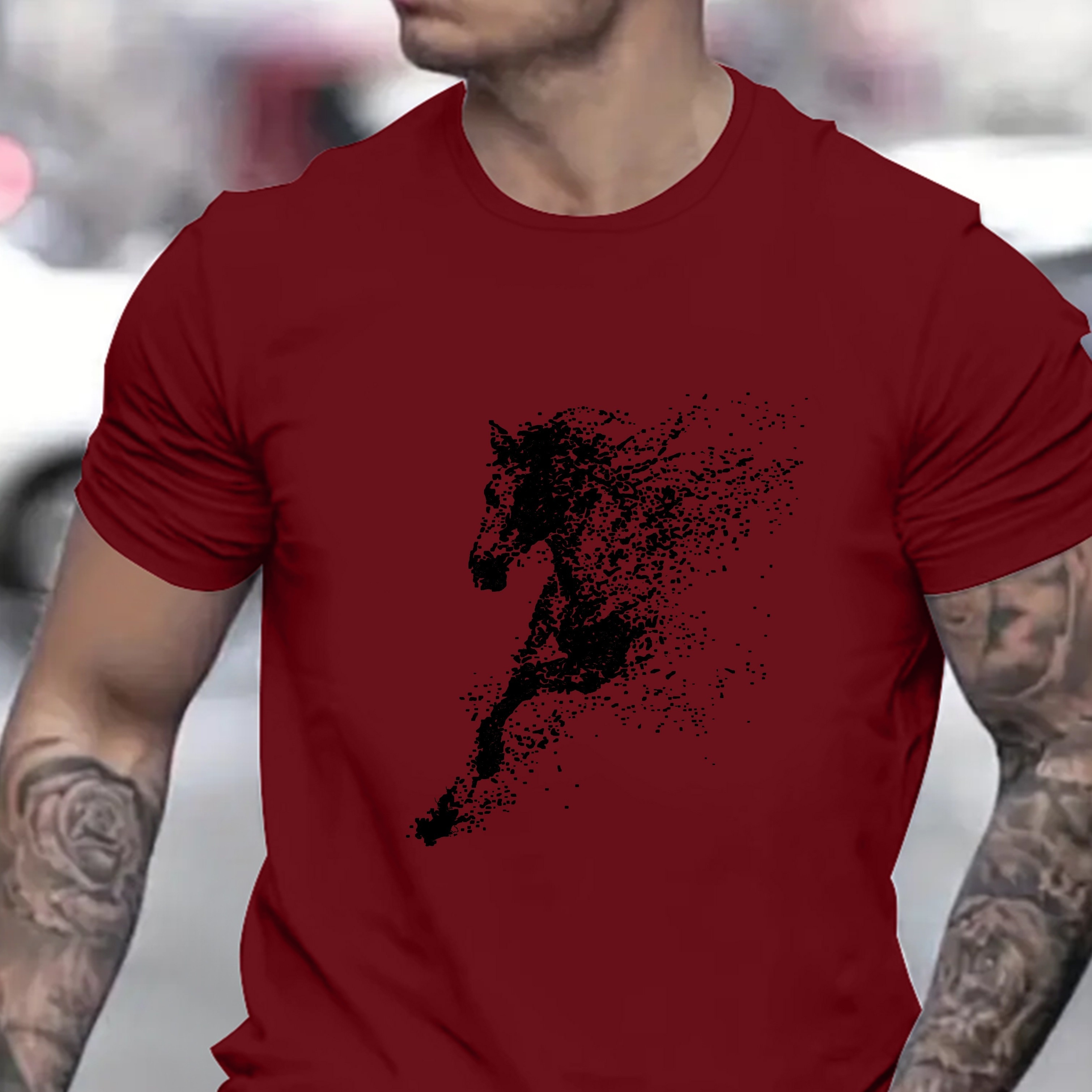 

Horse Print Men's Round Neck Print Tee Short-sleeve Comfy T-shirt Loose Casual Top For Spring Men's Clothing As Gifts