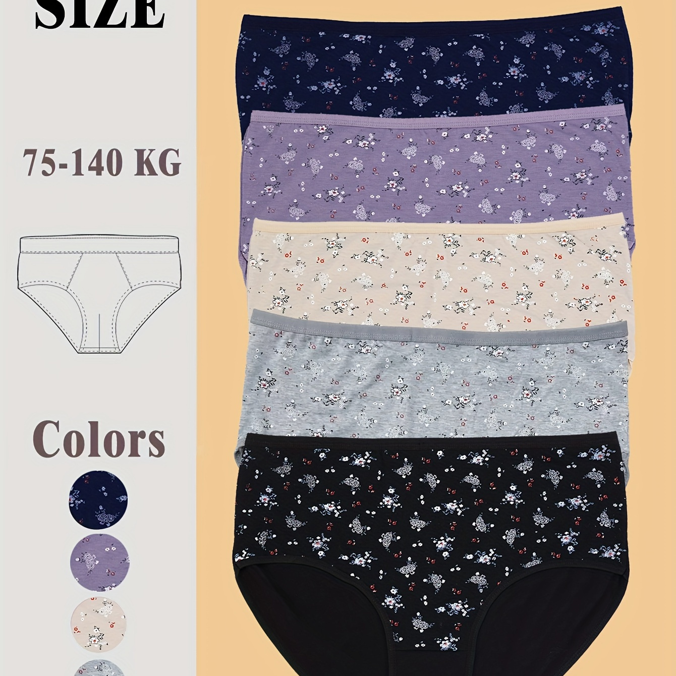 

5pcs Women's Plus Elegant Panties, Plus Size Ditsy Floral Print Comfy & Breathable Briefs