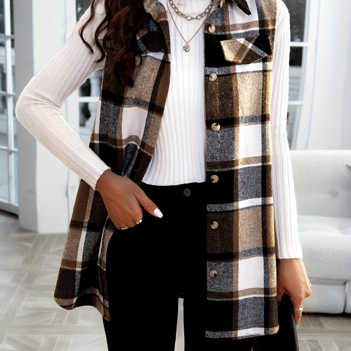 

Plaid Pattern Sleeveless Vest, Casual Button Front Collar Vest, Women's Clothing