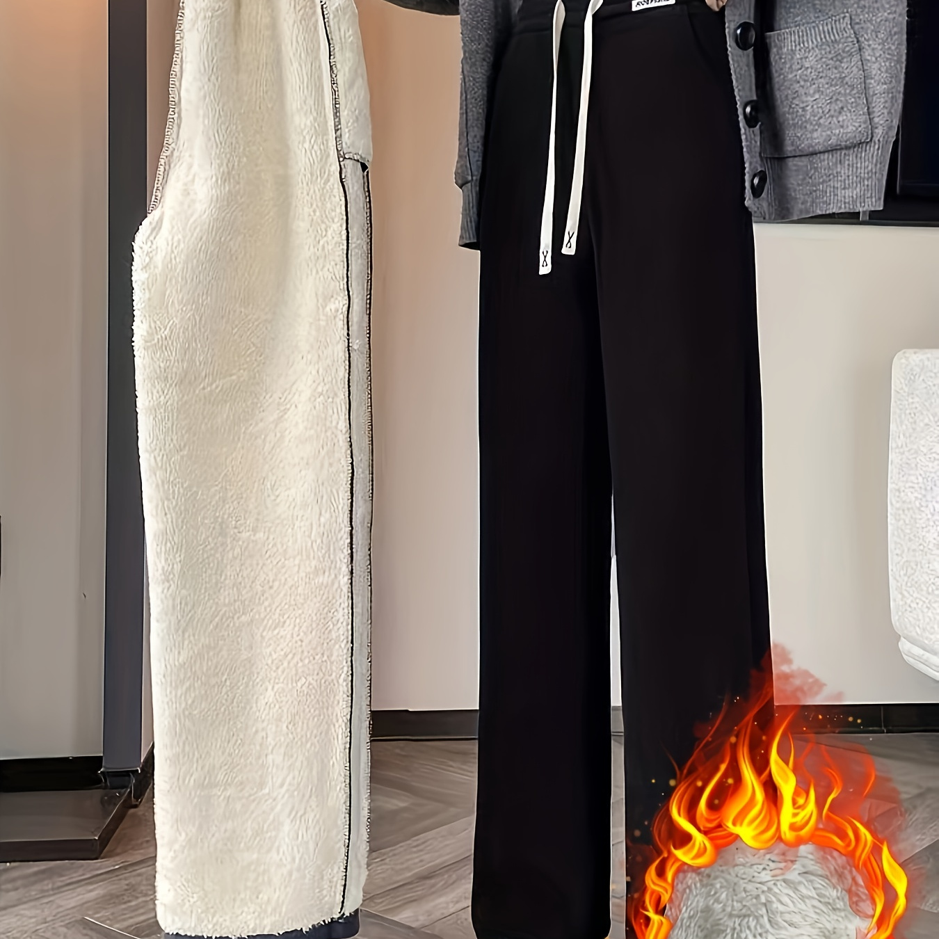 

Cozy Fleece-lined Women's Harem Pants - Casual Wide Leg, High-waist With Drawstring, Soft Polyester , Fall & Winter