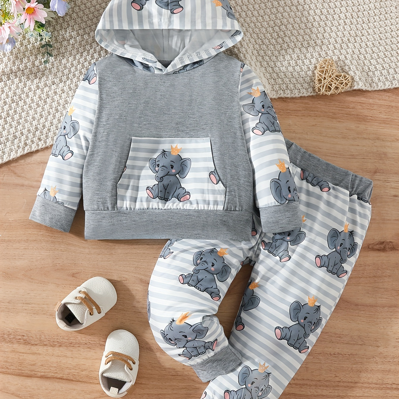 

Boys And Girls Baby Adorable Cartoon Elephant Print Hooded Top And Pants Set