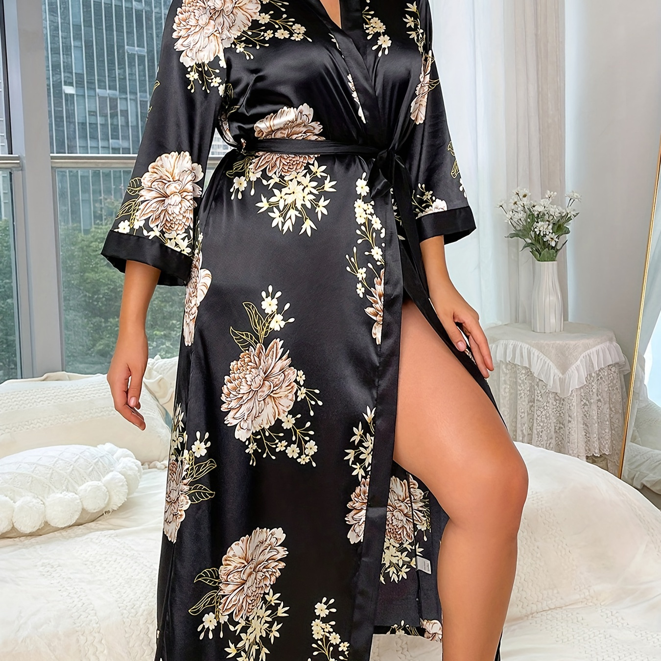 

Plus Size Elegant Nightgown, Women's Plus Satin Floral Print Long Sleeve Open Front Kimono Bathing Robe With Belt