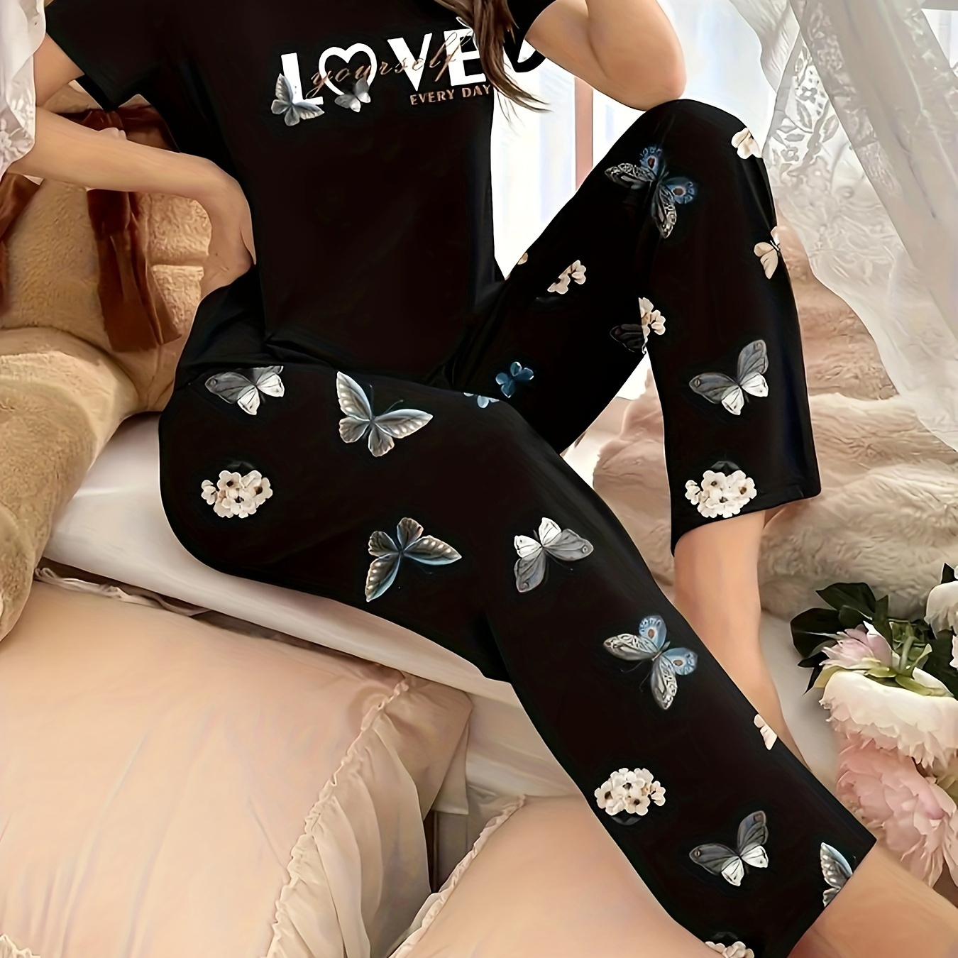 

2pcs Set Women's Pajamas Pants + Letter Pattern Top Home Clothes