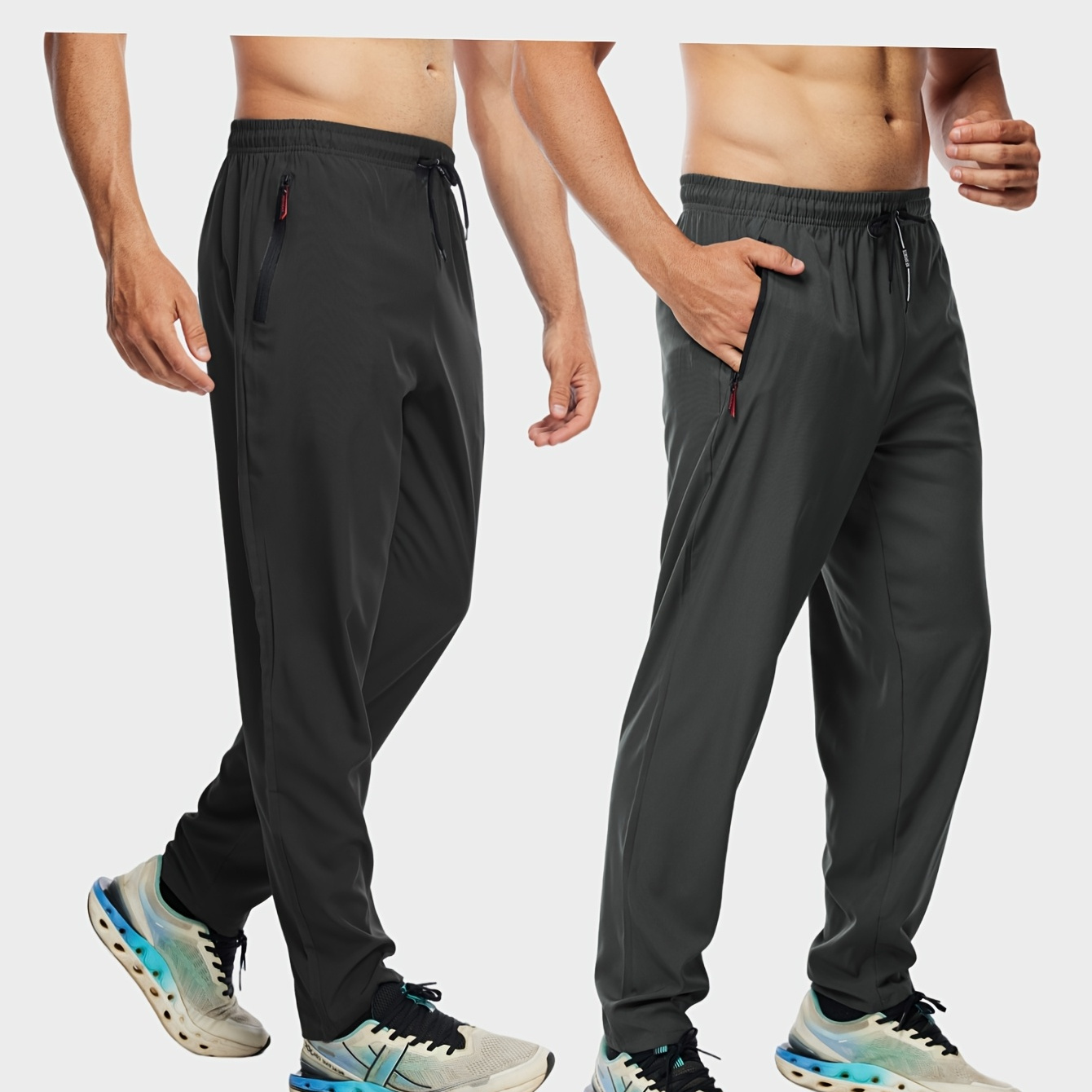 

2pcs Men's Joggers - Soft Polyester, Zippered Pockets, No-crease For Home & Outdoors