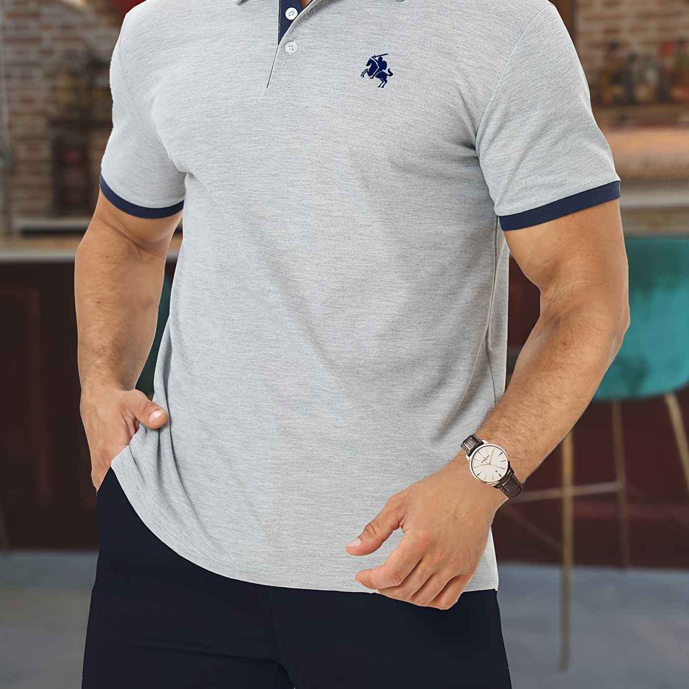 

Horse Man Print Men's Mature Style Color Block Short Sleeve Lapel Shirt, Comfy Male Shirt For Golf Tennis Sports