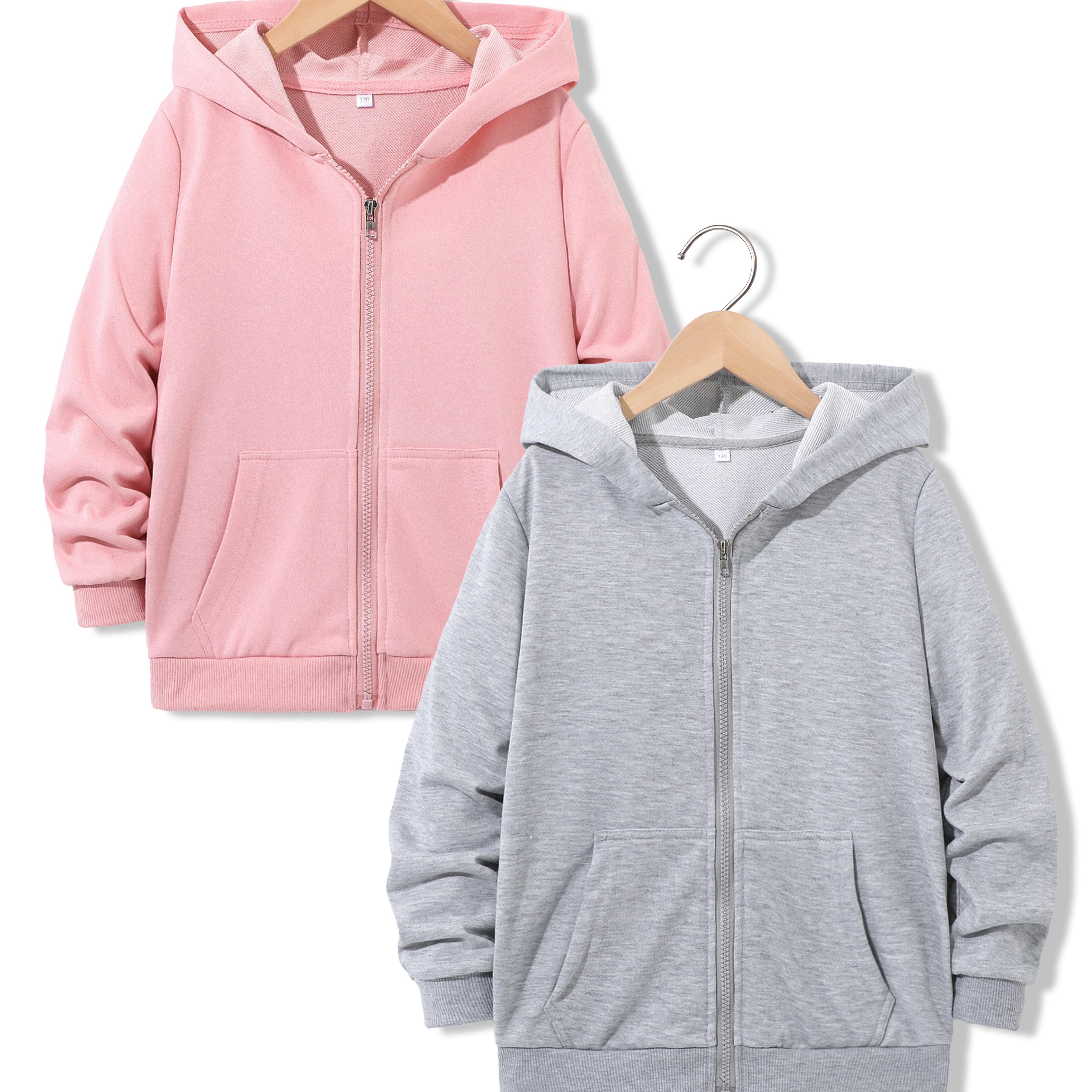 

2pcs Girls Boys Solid Fashion Zip Up Hoodies, Loose Fit Sports Casual Jacket Sweatshirts With Pockets