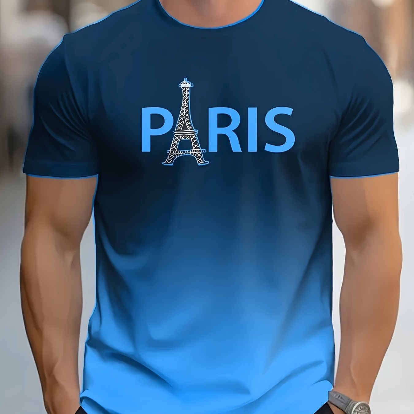 

Men's 3d Paris Print T-shirt - Royal Blue Gradient Design, Casual Round Neck, Short Sleeve, Breathable Polyester , Machine Washable, Summer Essential For Casual Attire