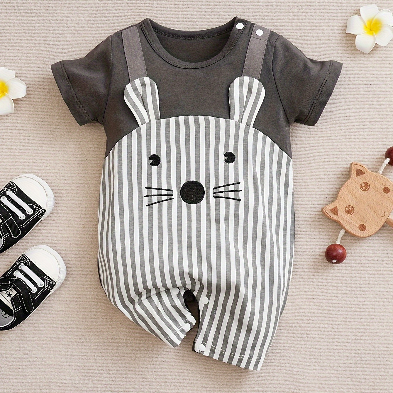 

Super Cute Striped Mouse Summer Short Sleeve Baby Bodysuit, Pure Cotton Casual Romer
