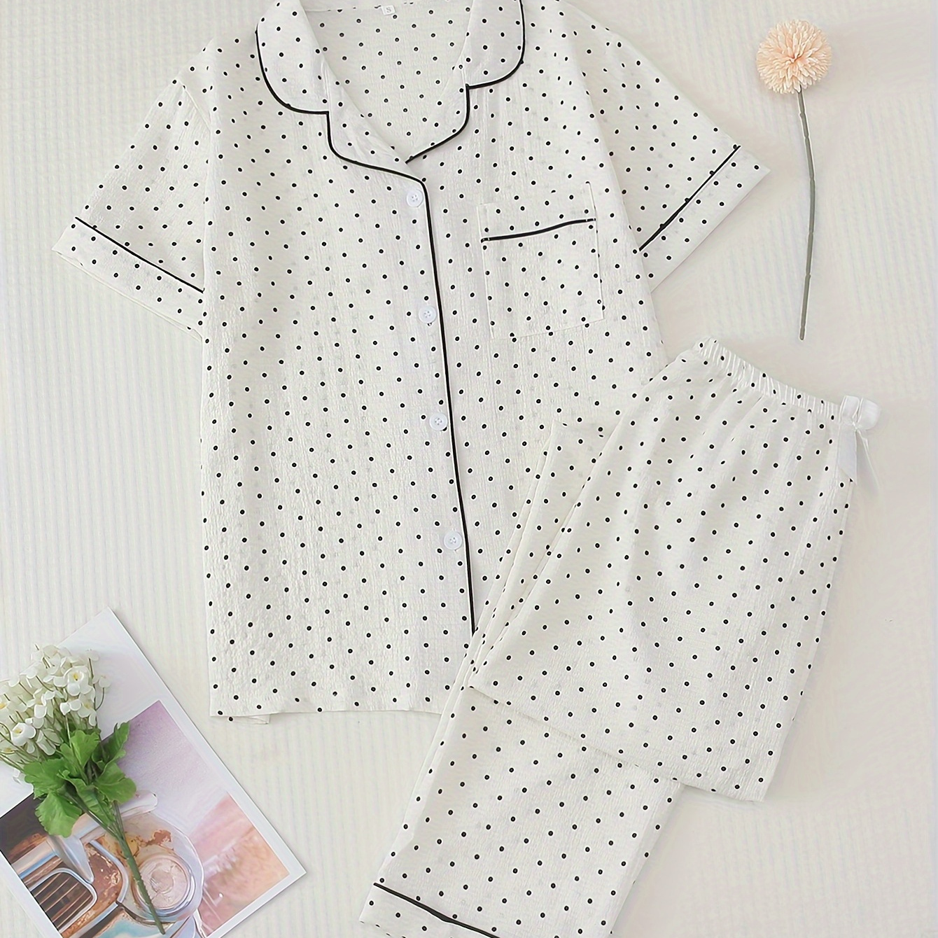 

Polka Dot Print Pajama Set, Short Sleeve Buttons Top & Elastic Waistband Pants, Women's Sleepwear & Loungewear