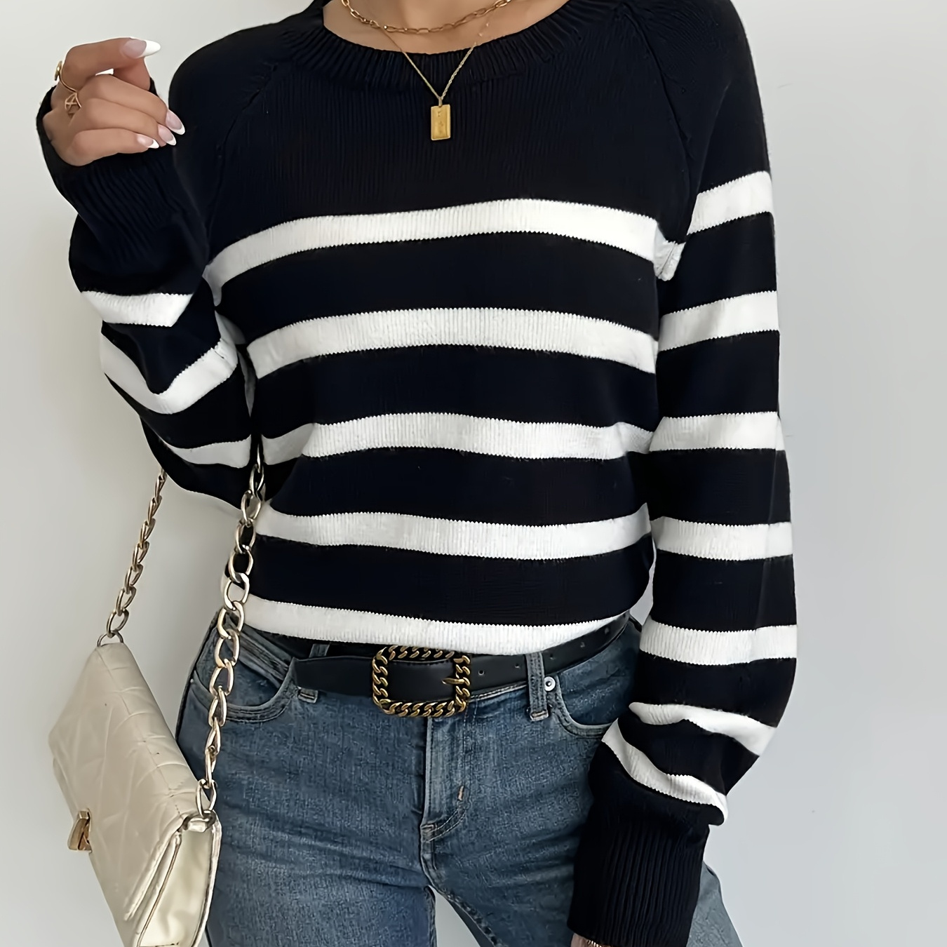 

Women's Elegant Striped Crew Neck Pullover, Polyester Knit Fabric, Long Sleeve, , For All
