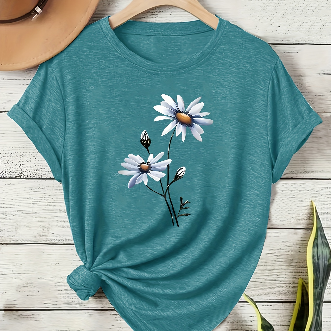 

1pc Women's Casual Floral Print Short Sleeve Crew Neck Top, Polyester Knit Fabric With Medium Stretch, Fashion Tee