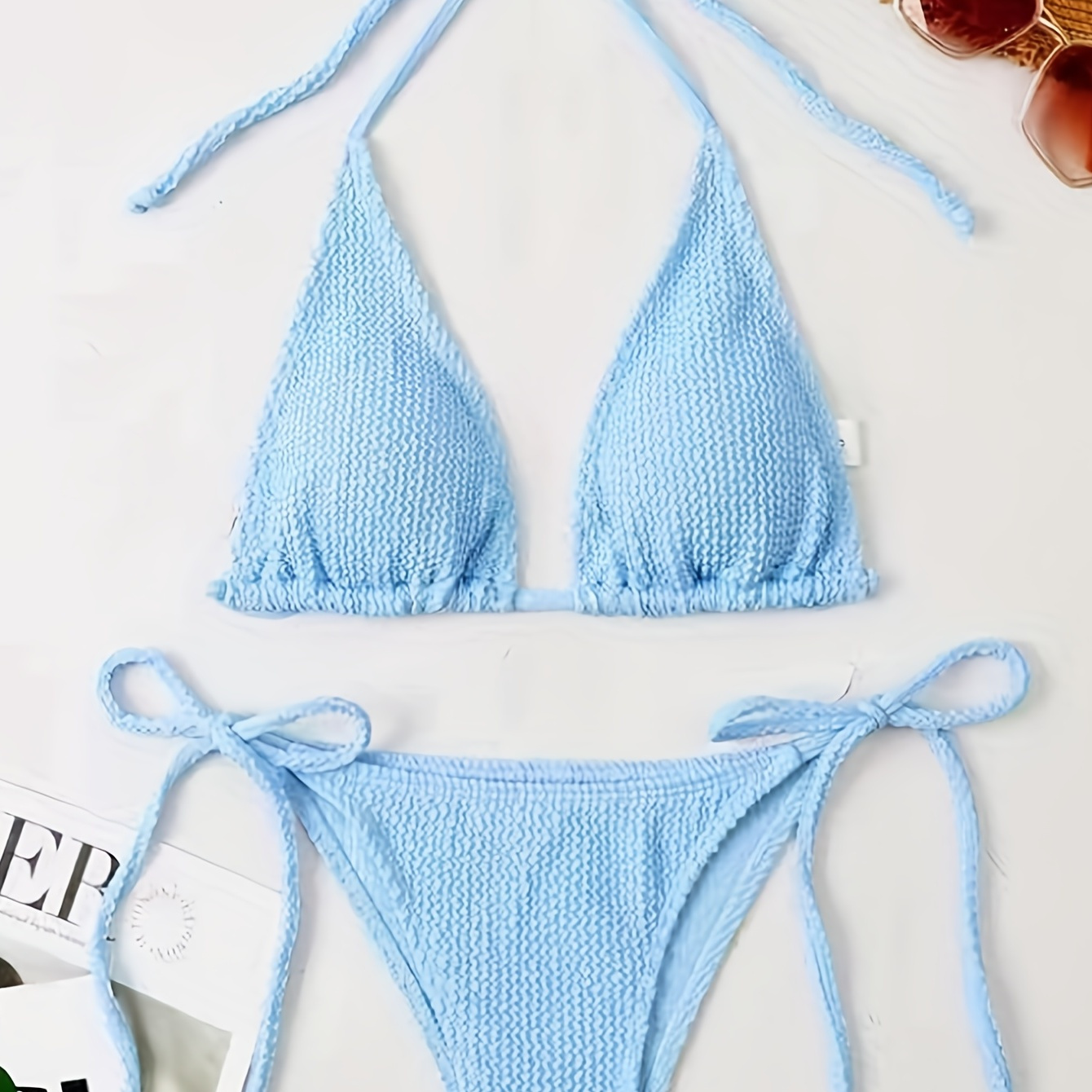 

Blue Embossed Striped Print Bikini Sets, Halter Neck V Neck Tie Back Tie Side High Cut 2 Pieces Swimsuit, Women's Swimwear & Clothing Triangle Top
