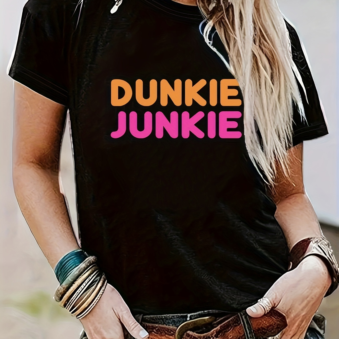 

Dunkie Print Crew Neck T-shirt, Short Sleeve Casual Top For Summer & Spring, Women's Clothing