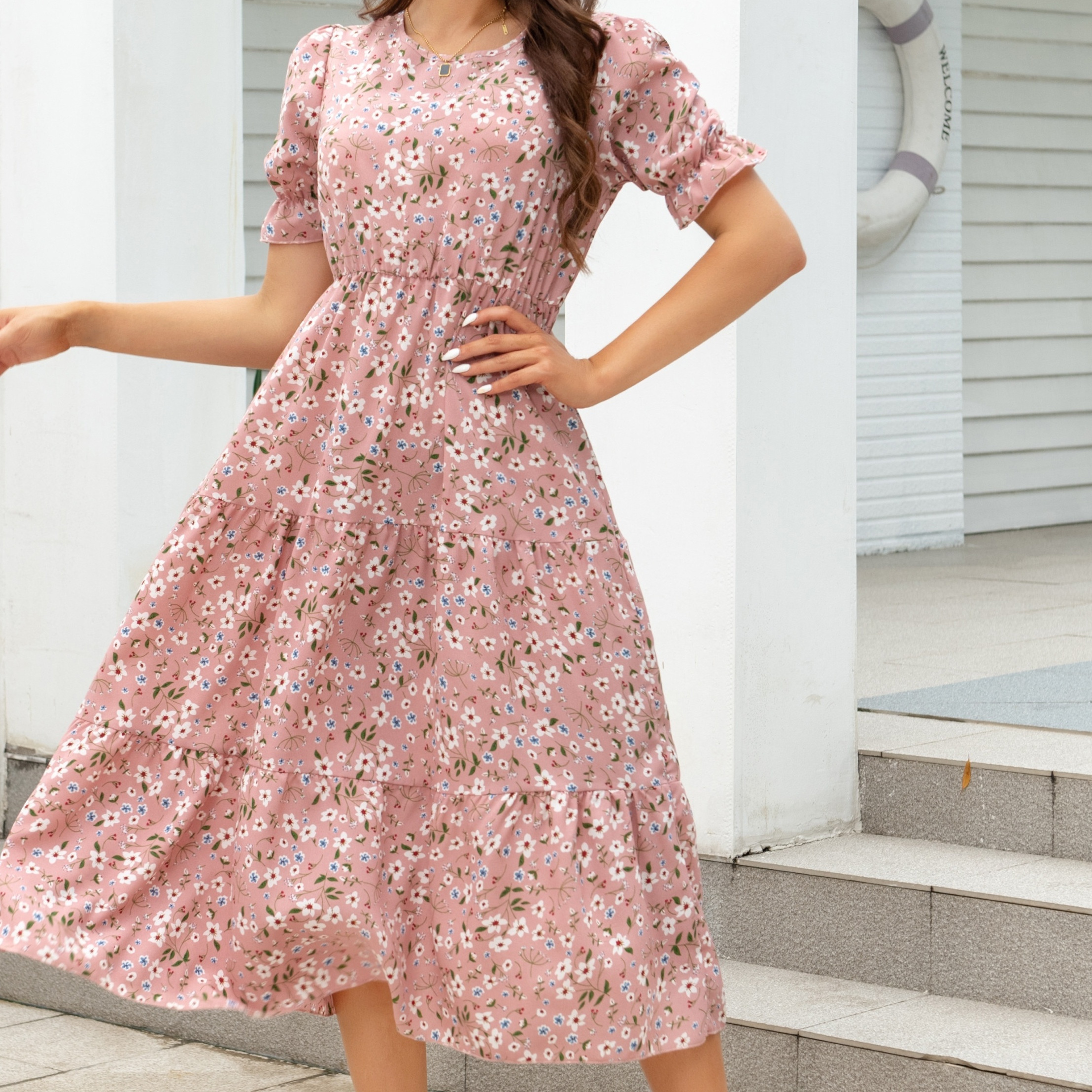 

Floral Print Ruffle Hem Dress, Casual Crew Neck Short Sleeve Dress, Women's Clothing