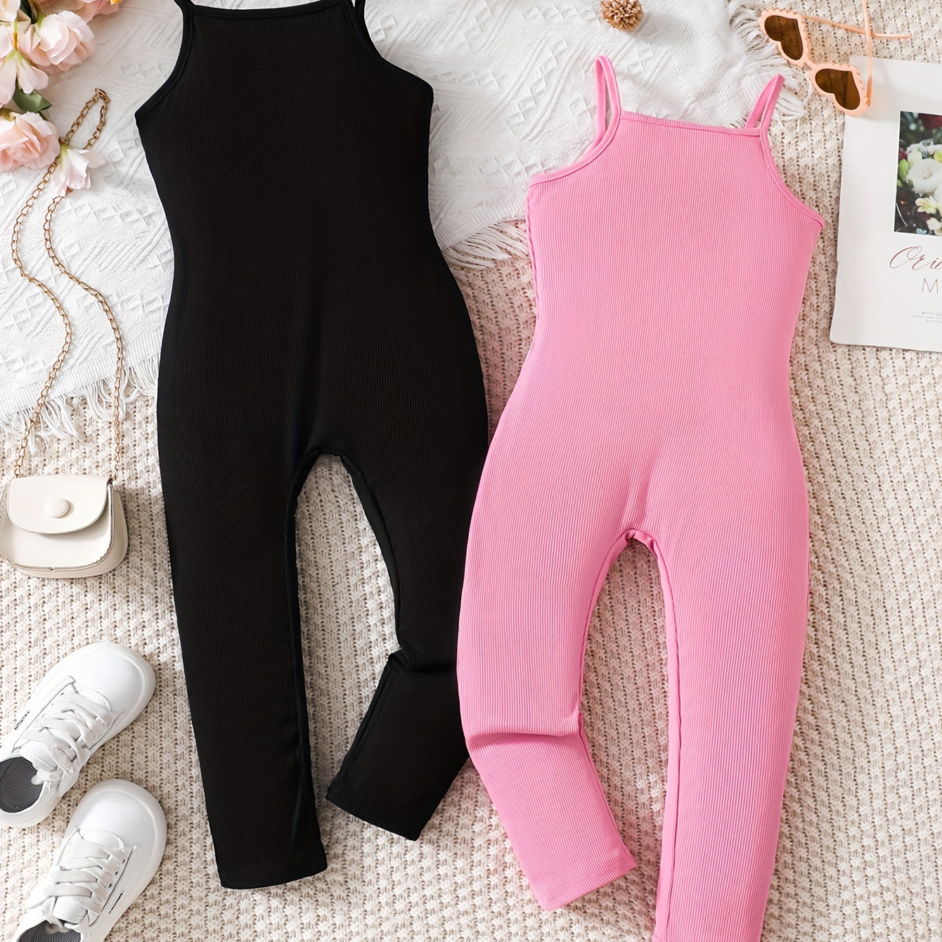 

2pcs Girls Solid Cami Jumpsuit, Casual Sleeveless Romper For Party Gift Outdoor