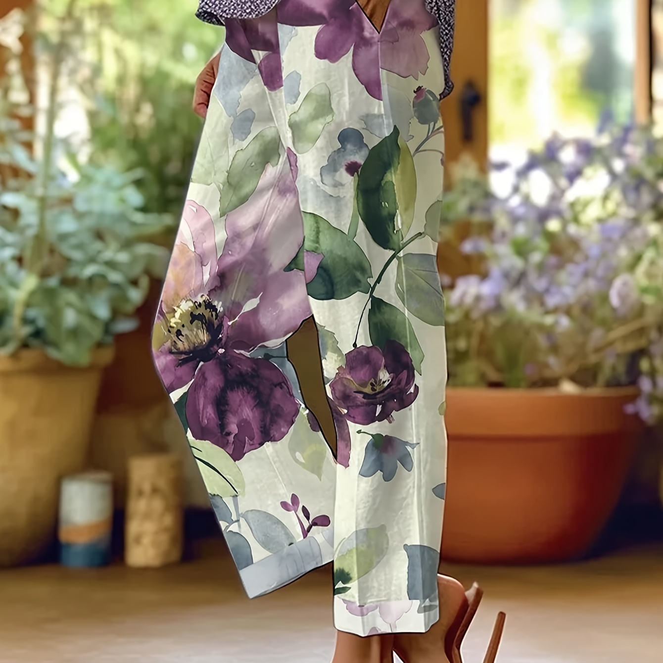 

Women's Elegant Floral Print Straight-leg Pants - Purple & Blue Flowers Background, Casual With Pockets, Lightweight Polyester Fabric For All