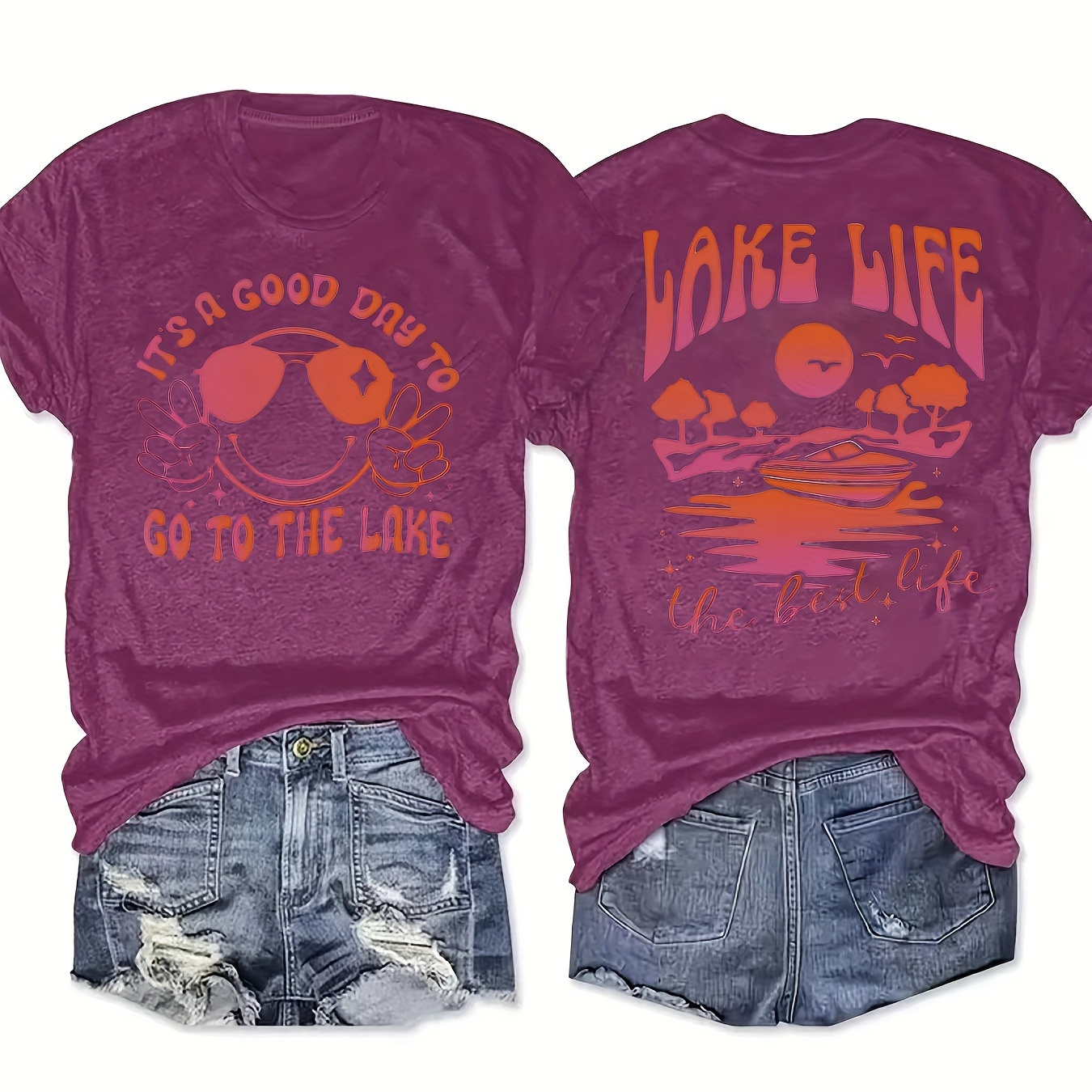 

Lake Life Print Crew Neck T-shirt, Casual Short Sleeve Top For Spring & Summer, Women's Clothing