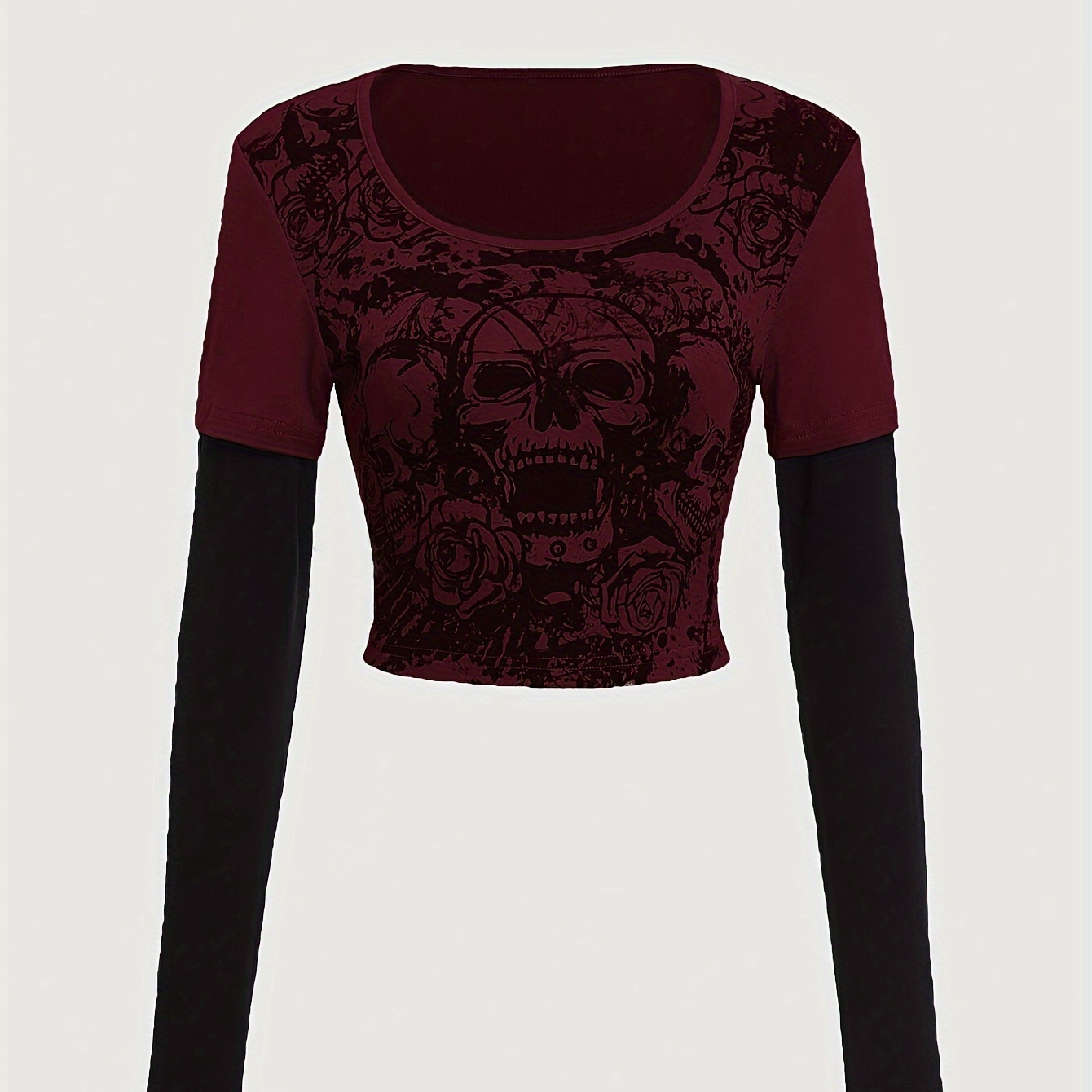 

Women's Gothic Skull Print Long Sleeve Top - & Black Round Neck T-shirt, High Stretch Knit, Elegant Fall/, Machine Washable, Winter Casual Wear | Tee | Polyester Spandex