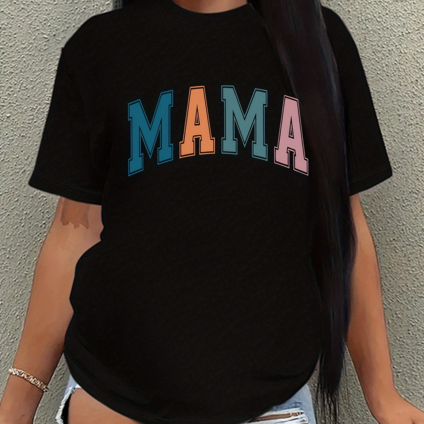 

Plus Size Mama Print T-shirt, Casual Crew Neck Short Sleeve Top For Spring & Summer, Women's Plus Size Clothing