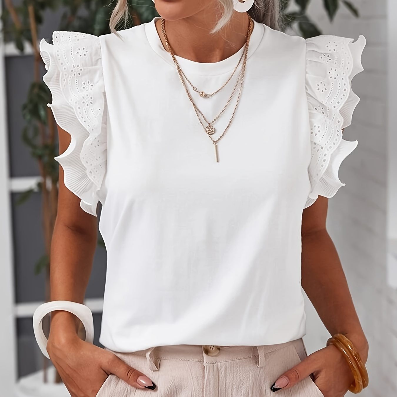 

Ruffle Sleeve Crew Neck T-shirt, Casual Solid Color T-shirt For Spring & Summer, Women's Clothing