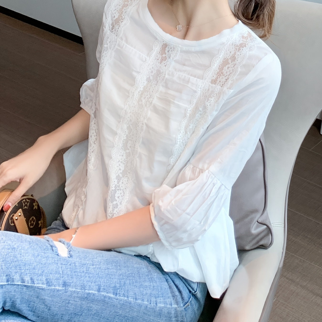 

Floral Chiffon Blouse With Lantern Sleeves - Semi-sheer, Round Neck, Machine Washable -