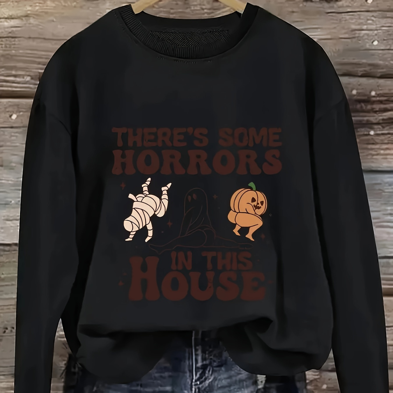 

Cartoon Graphic Sweatshirt - 100% Polyester Casual Crew Neck Knit Fabric Top - Fall/winter Season - "there' Horrors In This House" Design Pullover