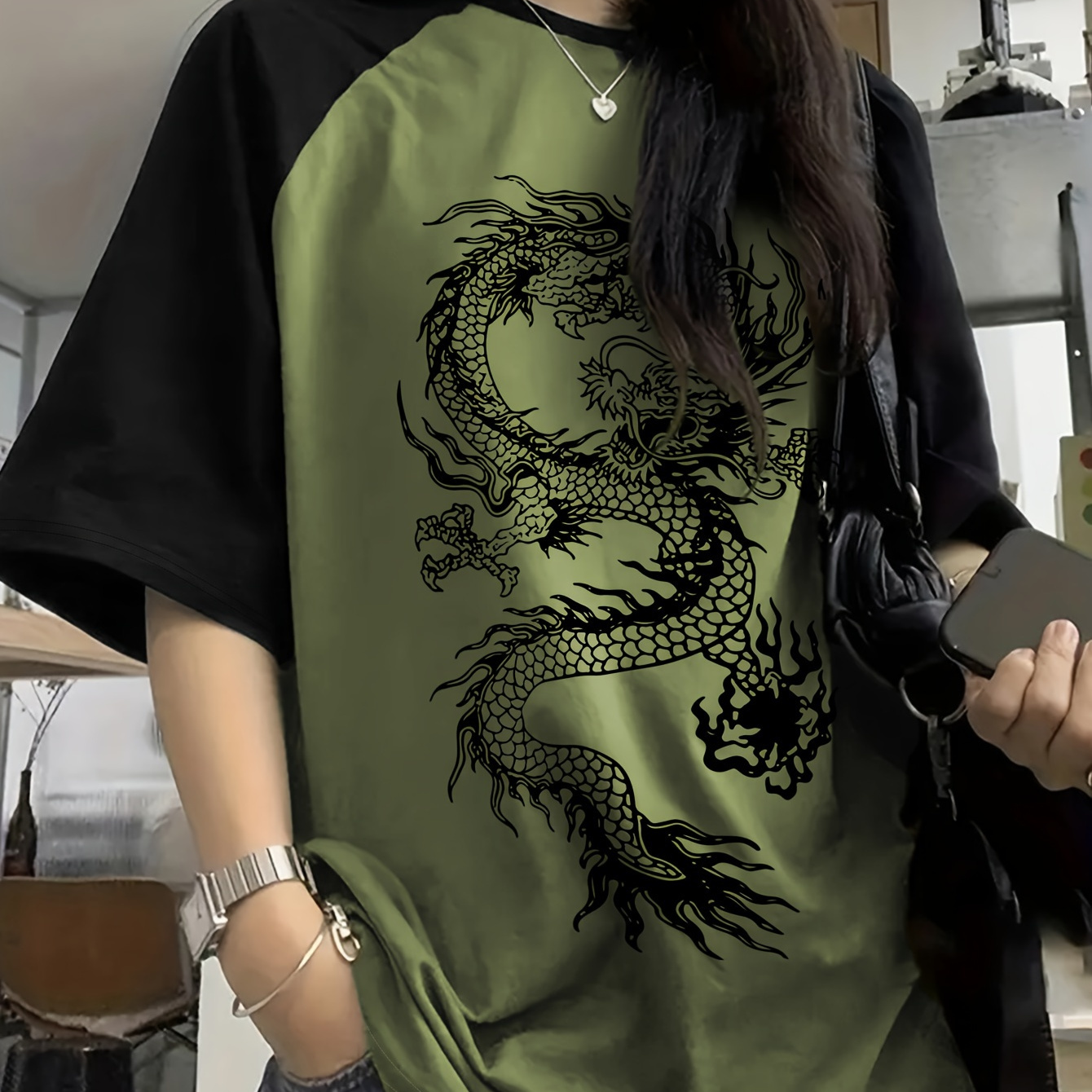 

Dragon Neck Short Sleeve T-shirt, Casual Polyester Elastane Top For Women, Tribal Pattern, Regular Length, All Season, 180g/m² Knit Fabric