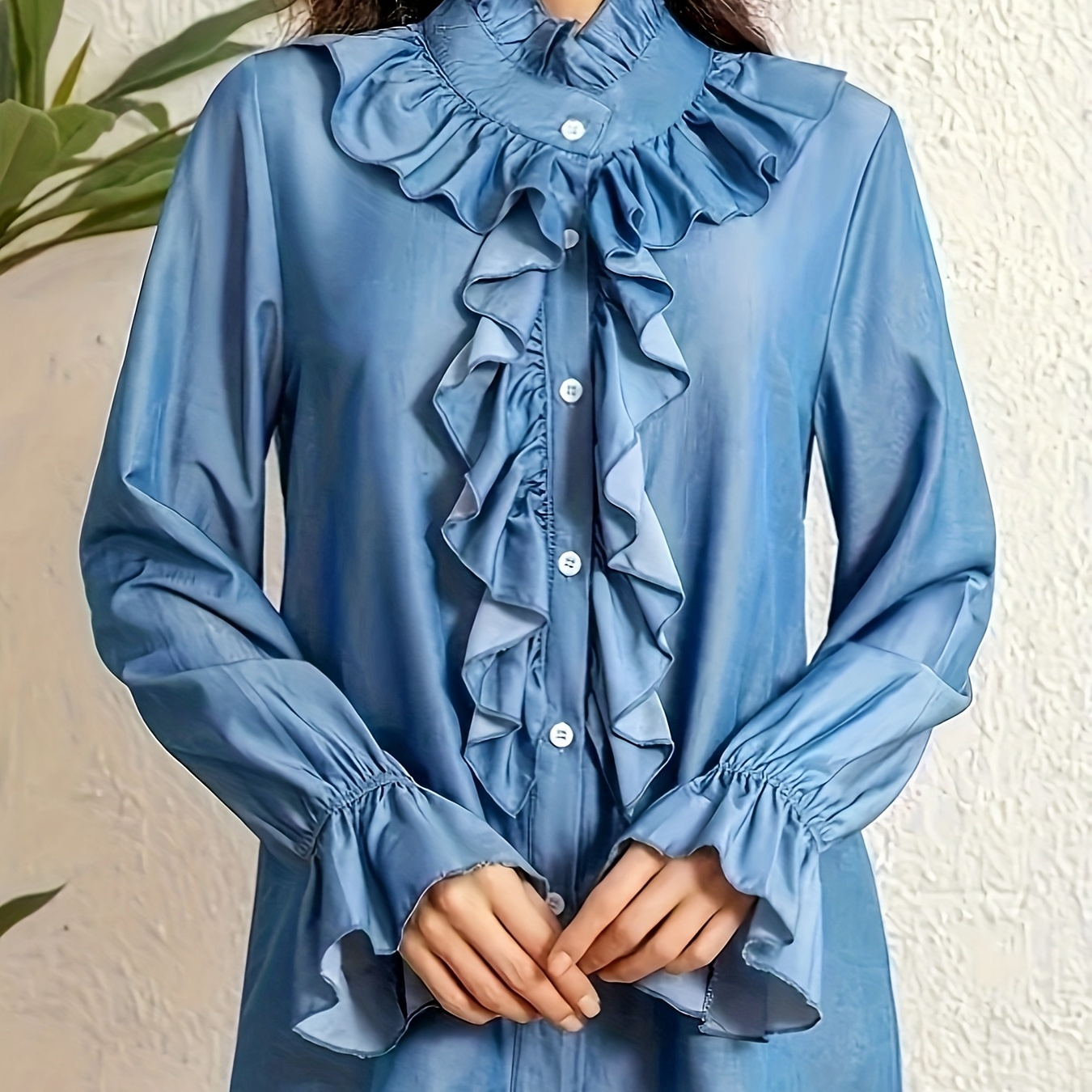 

Women's Elegant Ruffle Stand Collar Shirt, 100% Polyester Woven, Solid Color, Lightweight 180g/m² Fabric, Spring/summer/fall Apparel