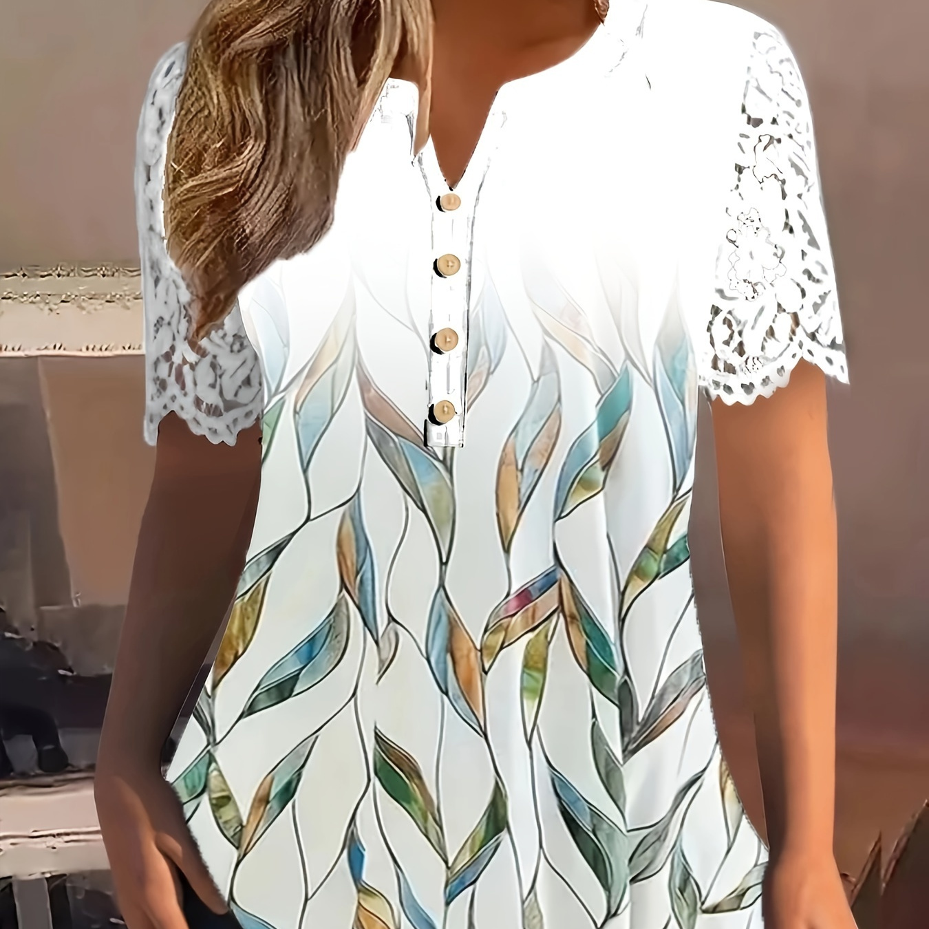 

Women's Casual Top, Plus Size Leaf Print Contrast Lace Short Sleeve Notched Neck Henley Tunic Top