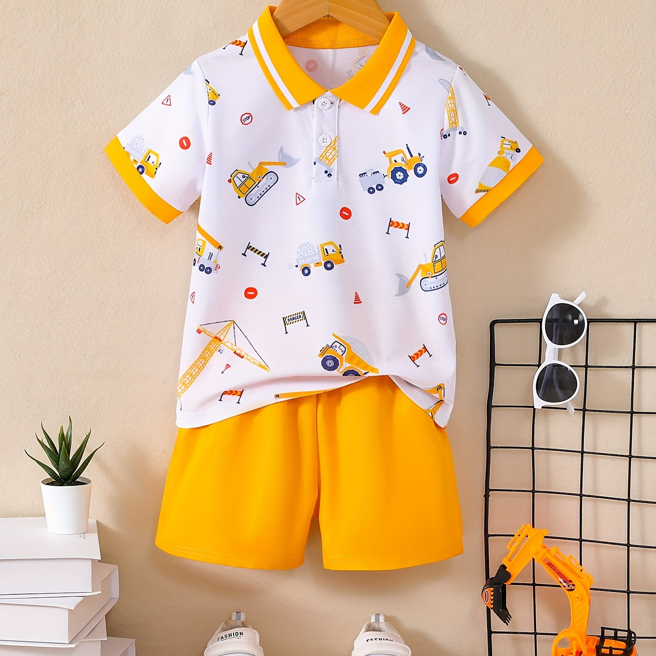 TEMU 2pcs Boys Casual Cartoon Construction Truck Graphic Print Short Sleeve Lapel Shirt & Shorts Set, Comfy Summer Boys Clothes