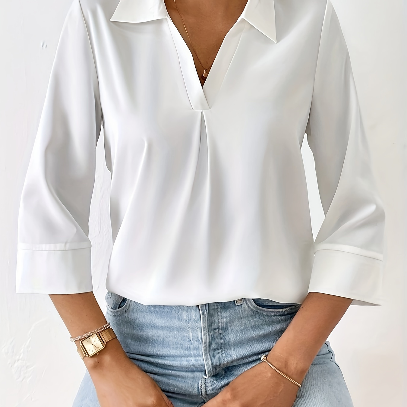 

[customer ] Elegant White V-neck Blouse With Rolled Sleeves - Semi-sheer, Polyester, Machine Washable - Fall & Spring