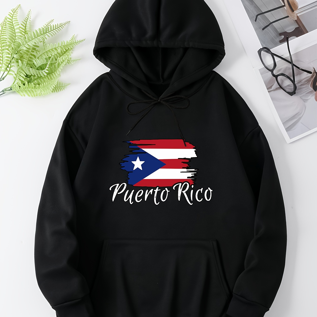 

Women's Plus Size Active Hooded Sweatshirt With Puerto Graphic, Polyester Casual Long Sleeve Pullover With Drawstring And Slight Stretch For Fall/winter