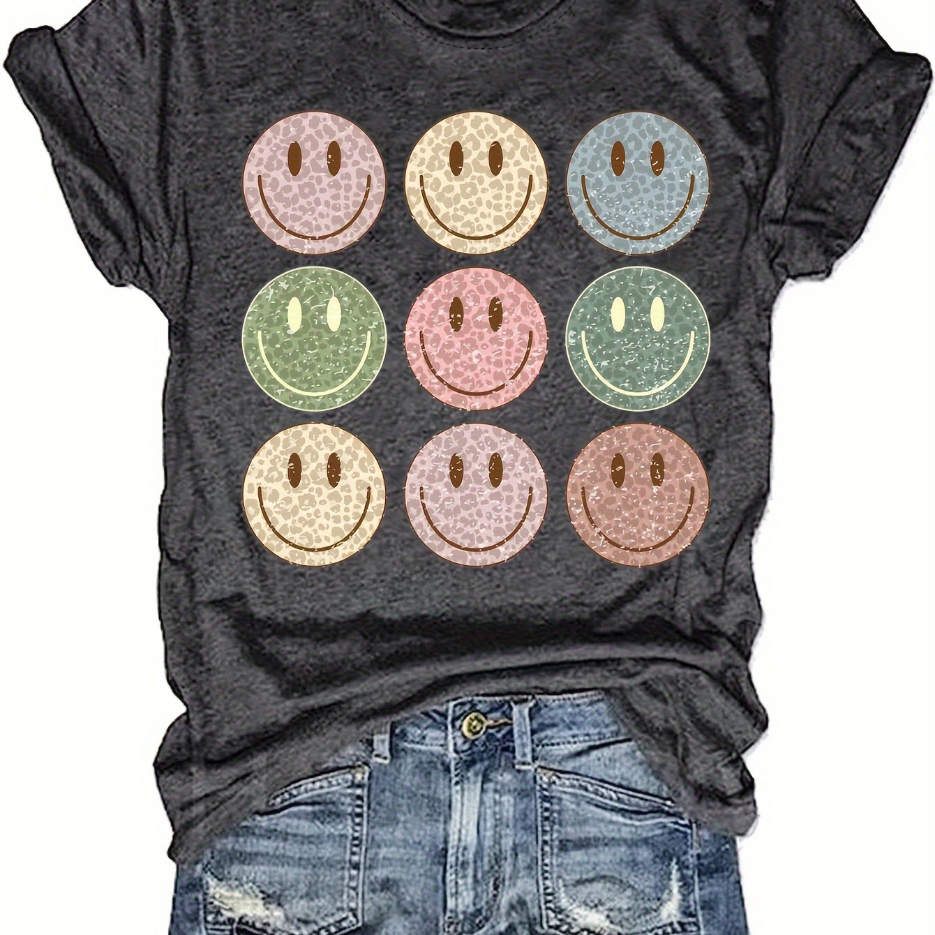 

Smile Print Crew Neck T-shirt, Casual Short Sleeve T-shirt For Spring & Summer, Women's Clothing