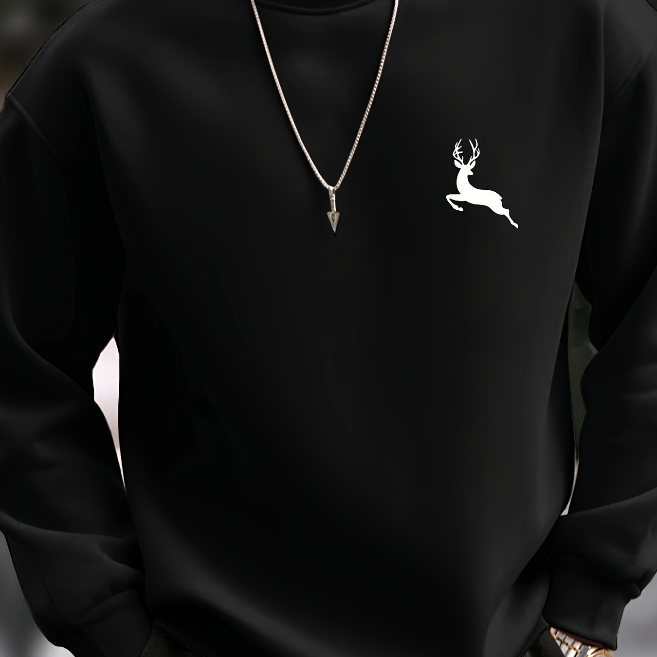 

Deer Print Fashionable Men's Casual Long Sleeve Crew Neck Pullover Sweatshirt, Suitable For Outdoor Sports, For Autumn Spring, Can Be Paired With Necklace, As Gifts