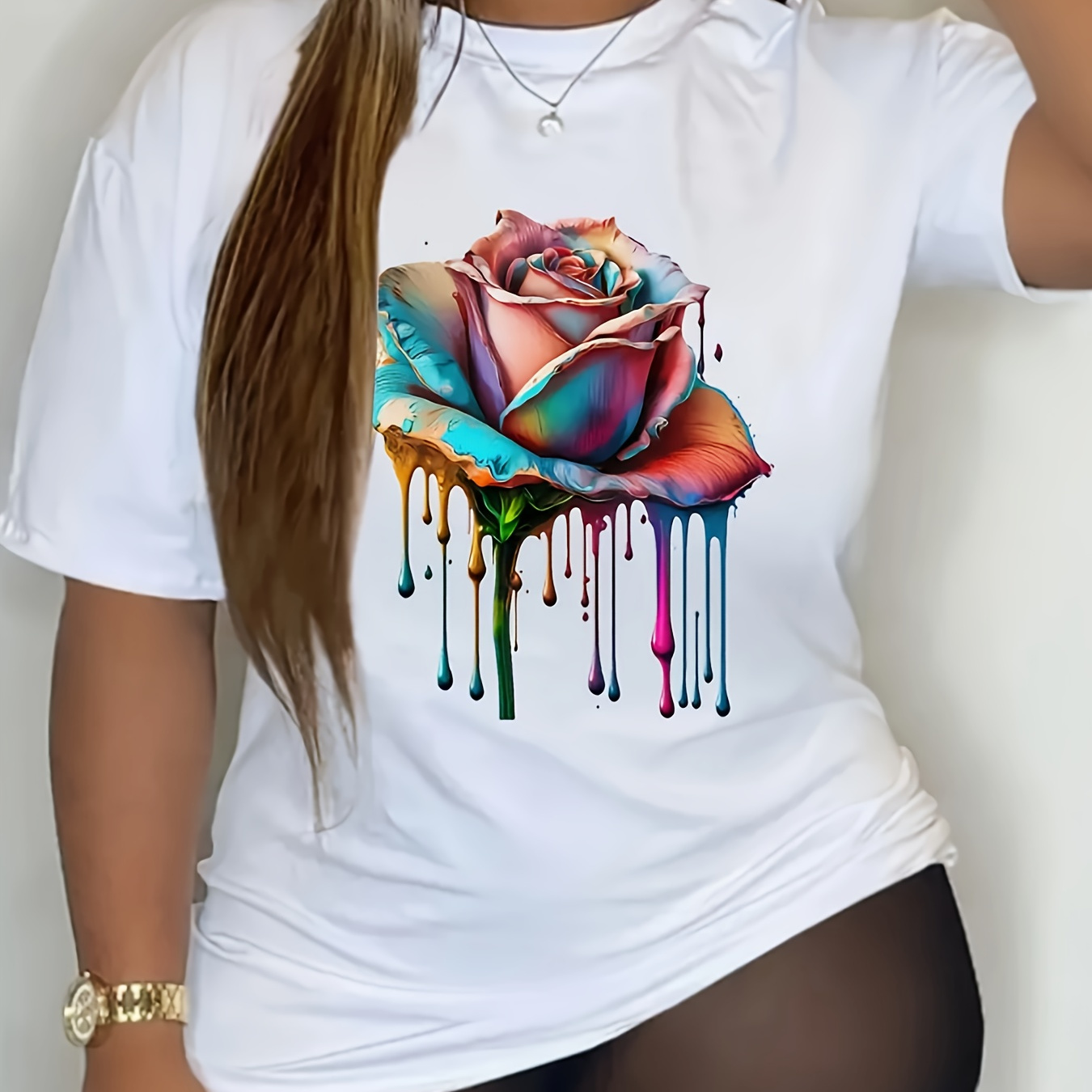 

Rose Print Crew Neck T-shirt, Casual Short Sleeve Tee For Spring & Summer, Women's Clothing
