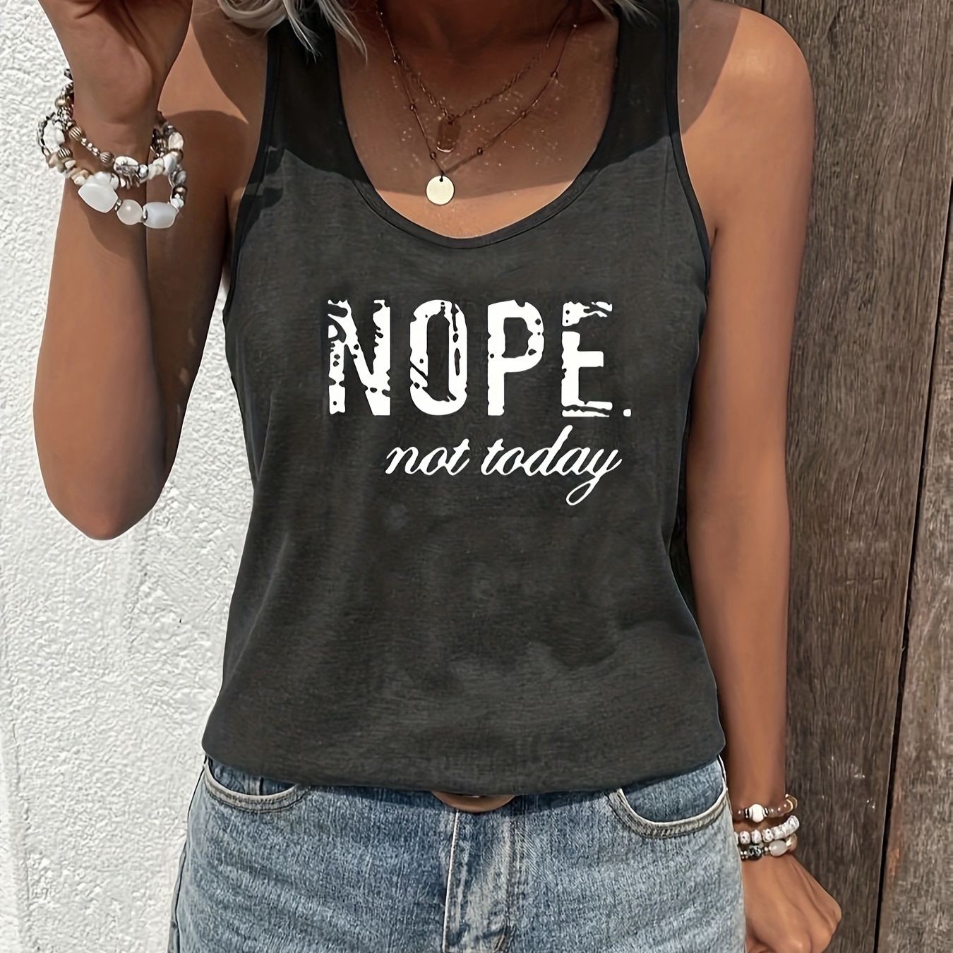

Nope Not Today Print Tank Top, Casual Sleeveless Tank Top For Summer, Women's Clothing