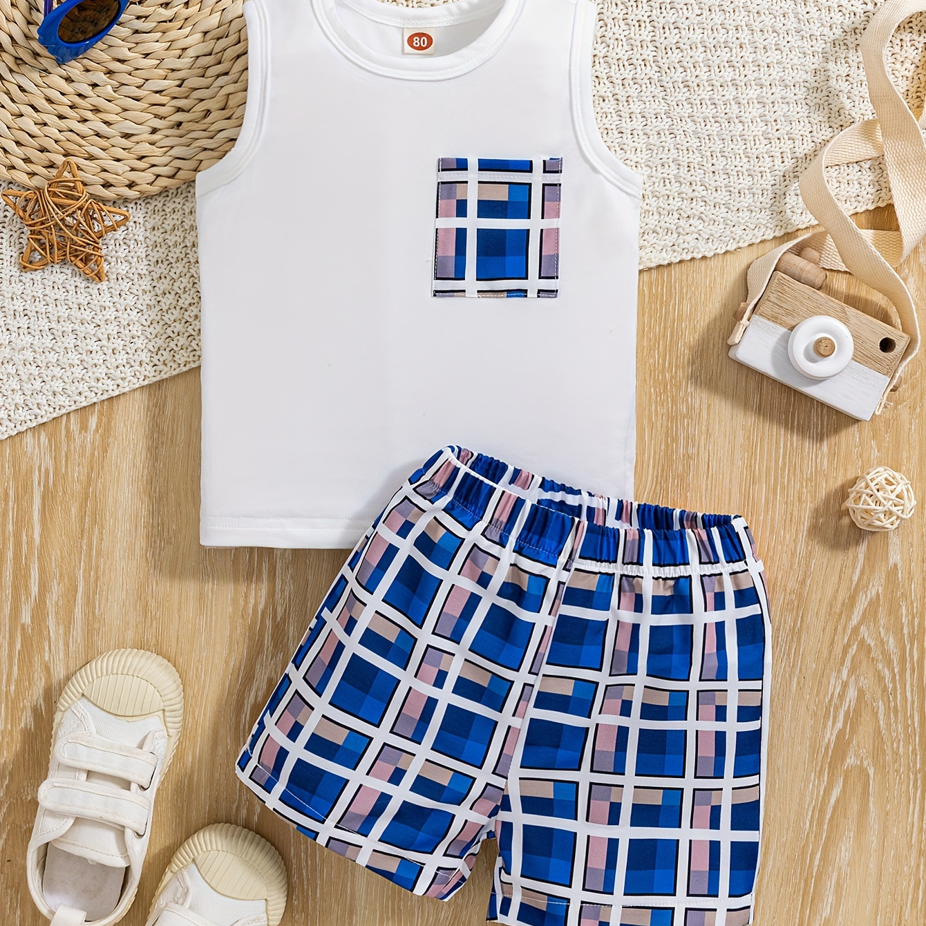 

Baby's Casual Plaid Pattern 2pcs Summer Outfit, Tank Top & Shorts Set, Toddler & Infant Boy's Clothes