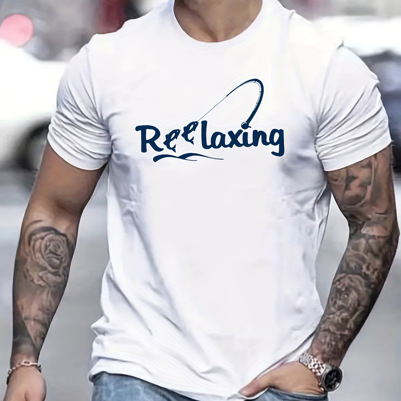 

'relaxing' Fishing Print Tee Shirt, Tee For Men, Casual Short Sleeve T-shirt For Summer Spring Fall, Tops As Gifts