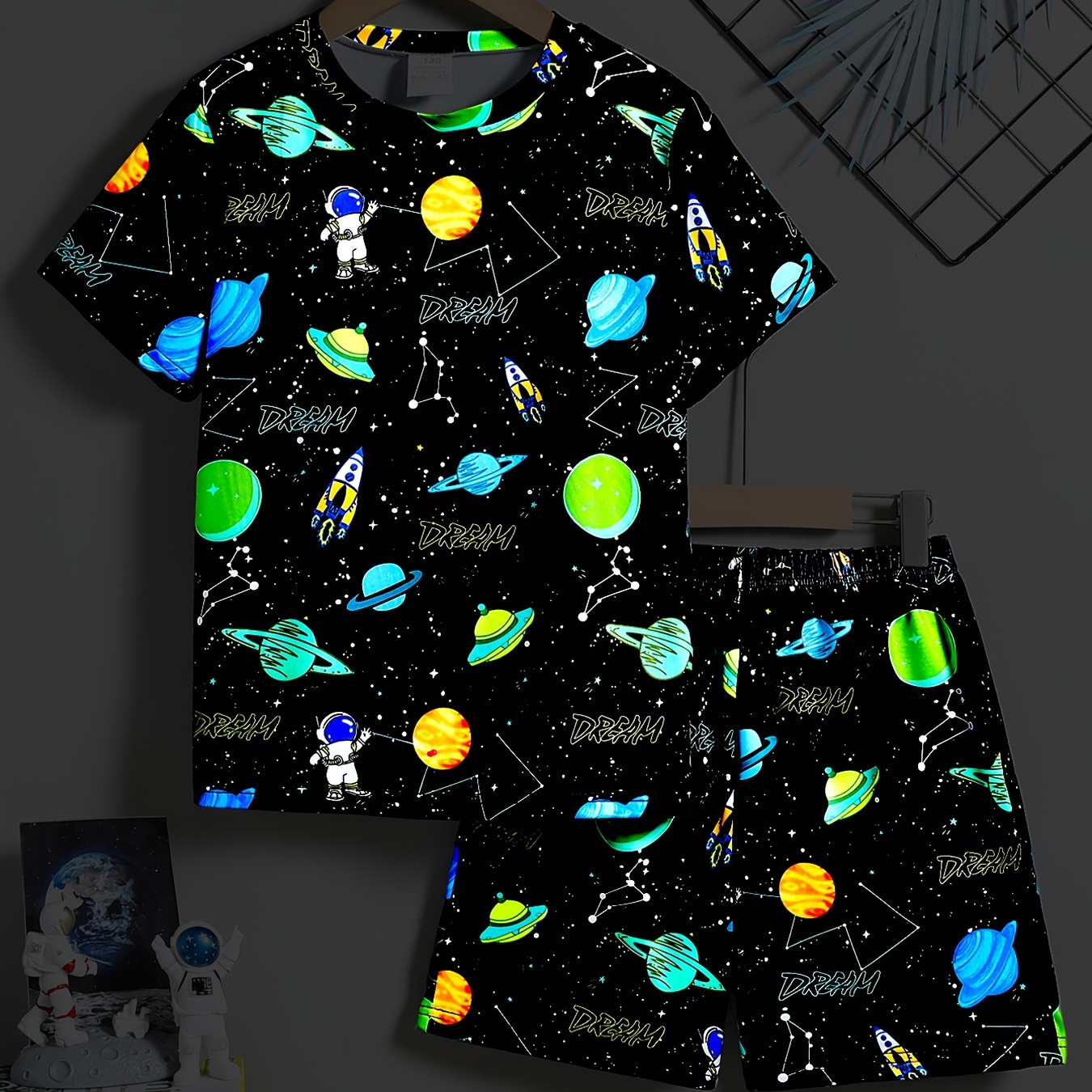 

2 Pcs Boys Cute Pajama Sets, Fluorescent Galaxy Astronaut Graphic Print Short T-shirts & Shorts, Comfortable & Cute Style Pajamas For Boys Cozy Loungewear