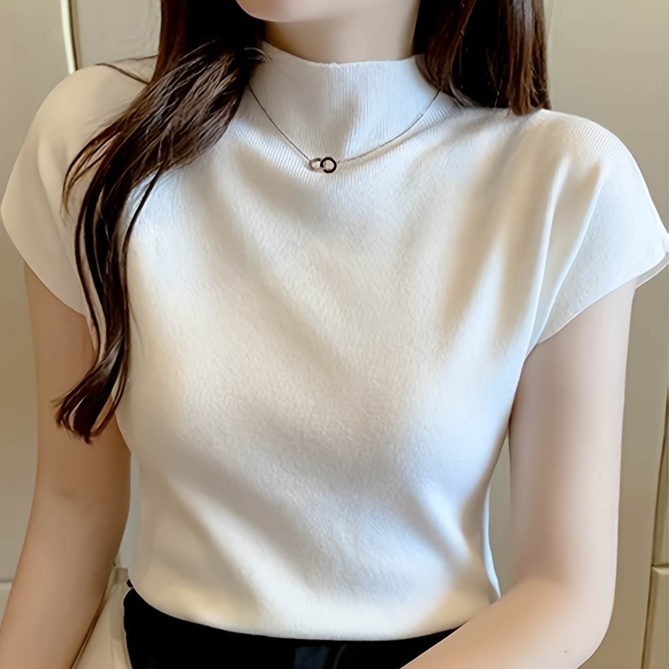 

Solid Color Mock Neck Sweater, Casual Short Sleeve Knit Top For Spring & Summer, Women's Clothing