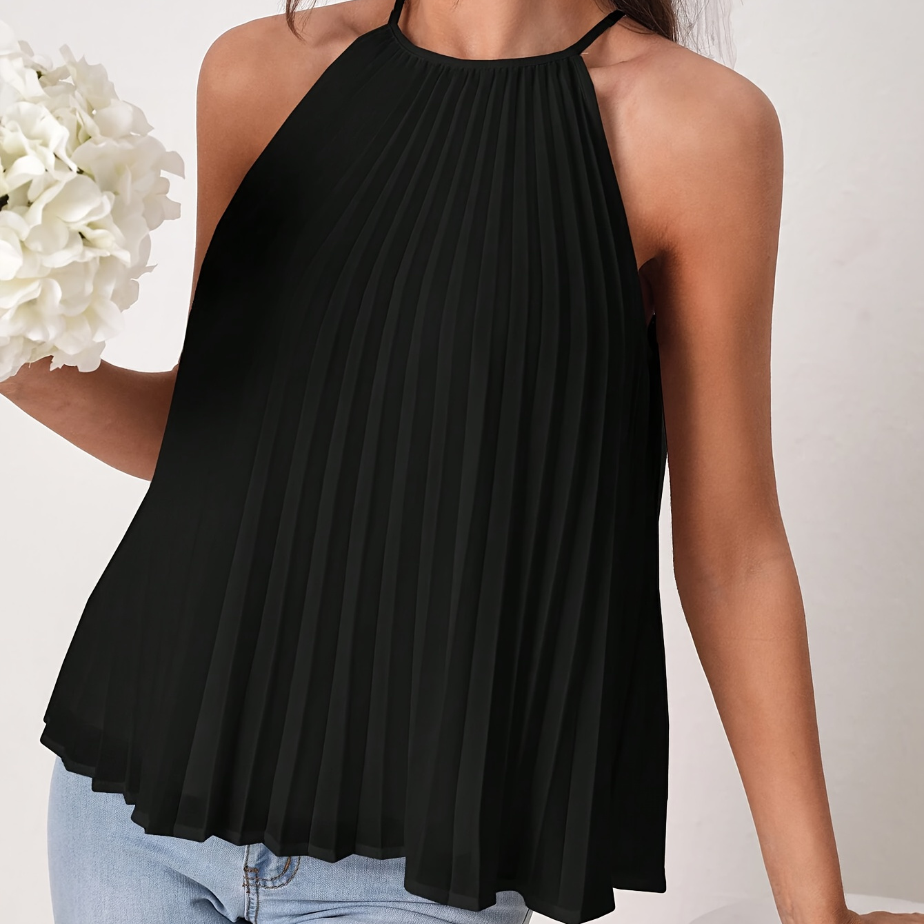 

Solid Color Halter Neck Pleat Blouse, Casual Sleeveless Loose Top For Spring & Summer, Women's Clothing