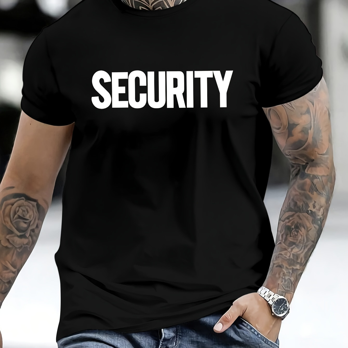 

security" Print T-shirt, Men's Casual Stretch Round Neck Tee Shirt For Summer