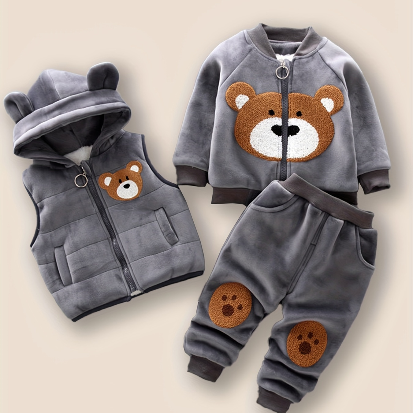 

Hibobi 3- Toddler Boy's Bear Applique & Hooded & Matching Pants, Cloth