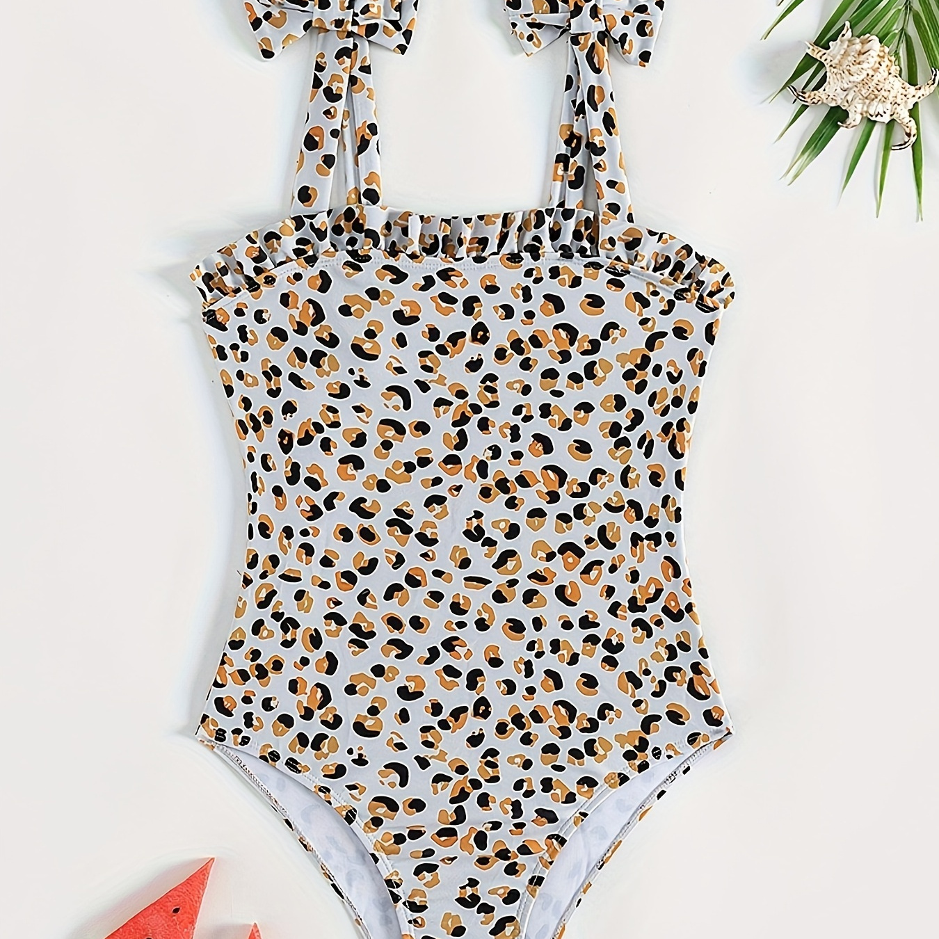 

Trendy Girls Leopard Print Bow Decor 1-piece Swimsuit Toddler Girls Summer Clothes Gift Beach Vacation